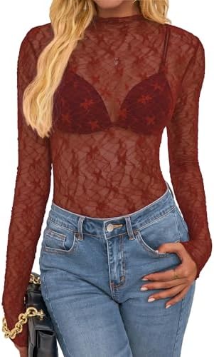 BTFBM Lace Tops for Women 2025 See Through Mesh Top Crew Neck Long Sleeve Fitted Sheer Party Club Outfits Fall Fashion