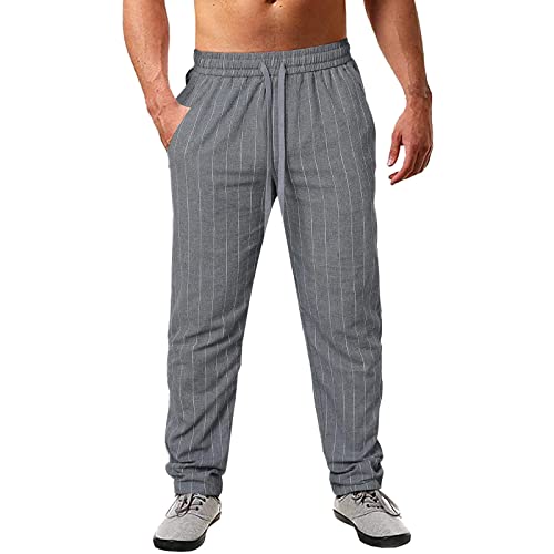 Men's Cotton Linen Pants Striped Beach Pants Baggy Fit Drawstring Sweatpants Breathable Casual Yoga Slacks Trousers