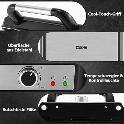 YASHE Kontaktgrill, 4 Scheiben Panini Grill Antihaftbeschichtete Platten, 1800W Toaster Sandwichtoaster mit Temperaturkontrolle, Kontrollleuchte, Öffnet 180 Grad, Abnehmbare Tropfschale, Schwarz – Bild 7