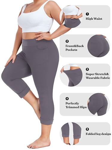 FOREYOND Plus Size Capri Pants for Women Pull on Dress Pants Tummy Control with Front & Back Pockets 4-Way Stretch4