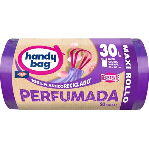 Handy Bag Bolsas de basura perfumadas - Bolsas para cubo de basura de cocina, resistentes y antigoteo, con cinta autocierre y triple capa, 100% plástico reciclado, 30L, Maxi Rollo, 20 bolsas