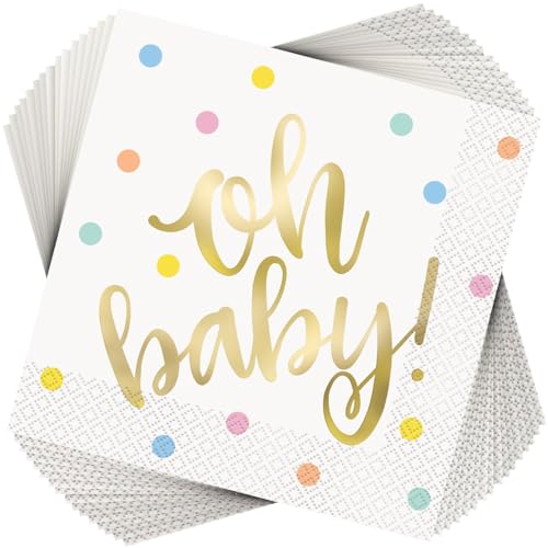 Unique Oh Baby! Luxurious Gold Foil Stamped Paper Luncheon Napkins (Pack of 16) - Premium Quality & Absorbent Party Essential, Perfect For Baby Showers & Celebrations
