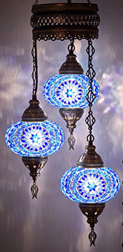 DEMMEX Lustre Turc en Verre Mosaïque – Suspension Orientale à 3 Boules, Verre Fait Main Ø18 cm, Luminaires Artisanaux pour Salon, Chambre ou Entrée (Bleu)