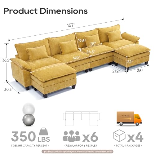 Image of URRED Oversized Modular Sectional Sofa,Yellow:157 inch U Shaped