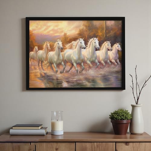 Image of PAINTINGMANTRA 7 White Running Horses Vastu Framed Wall Art | Symbol of Success, Harmony & Positive Energy | Premium Wall Decor for Living Room & Office, 14x18 Inch