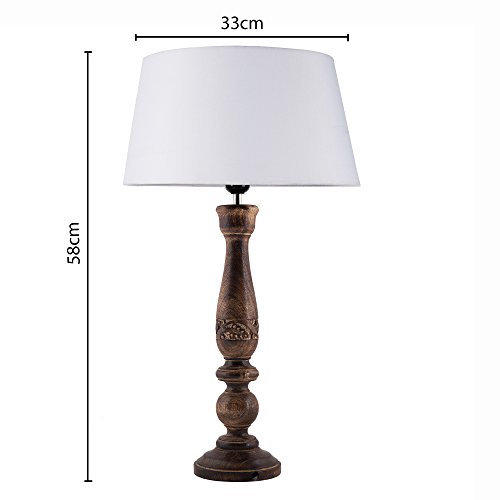 Image of Homesake Handcrafted Wooden Table Lamp for Bedroom & Living Room | Decorative Bedside Reading Lamp with Fabric Shade, E27 Holder | Bulb Included | Black Floral Carved Base for Home Decor, White Drum