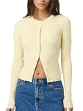 LYSINK Women Slim Fitted Sweater Cardigan Long Sleeve Button Down Ribbed Knit Shirt Y2k Solid Color Casual Tops Knitwear (A-a-Yellow, S)