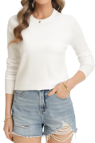 Image of QUALFORT Women's White Sweater Crewneck Soft Knitted Pullovers White XX-Large