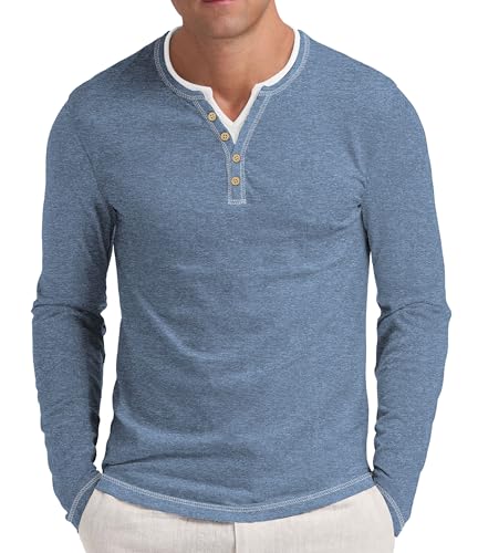 NITAGUT Henley Long Sleeve Shirts for Men Color Lines T-Shirts Casual Tees Button Washed Basic Mens Henley Tops,Blue,L