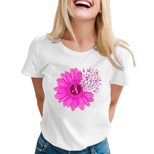 Camiseta de lucha contra el cáncer de mama Camiseta Breast Cancer Motivo Top Mes de la Conciencia Internacional Camisetas Rosa Lazo Impreso Tops Cuello Redondo Estampado Manga Corta Ropa suelta, Rosa