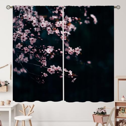 Cherry Blossom Curtains Pink Floral Plants Wildflowers Black Background Blackout Rod Pocket Curtains for Bedroom Living Room Kitchen Decor Thermal Insulated Window Drapes 2 Panel Set 42x63in
