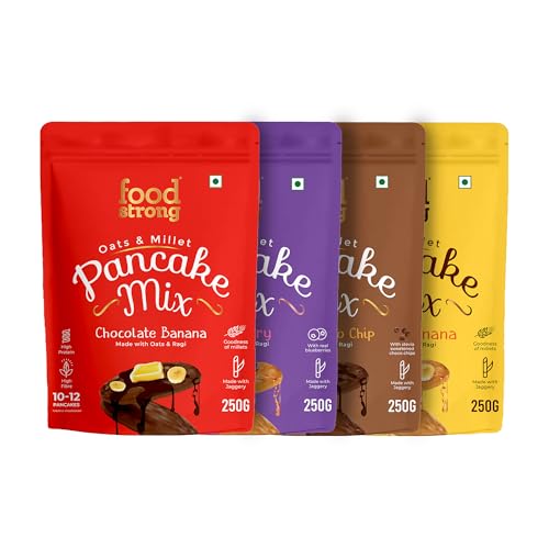 Image of Foodstrong Oats & Millets Pancake Mix (Vanilla, Chocolate, Blueberry & Choco Chip), High Protein & Fibre, No Maida, No Refined Sugar - With Jaggery, Eggless Instant Breakfast Mix 250g x Pack of 4