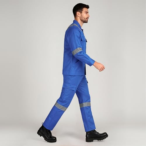 Image of Men's 100% Cotton Industrial Workwear Jacket & Pant Set with Reflective Tape, OEKOTEX, 200 GSM.