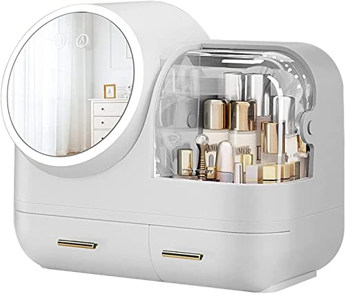 GUH Cosmetic Organizer with Fan and 360Â° Rotating LED Mirror 3 Color Adjustable Makeup Organizer Storage Box Standing Countertop Multifunctional Storage Box (Color : White)