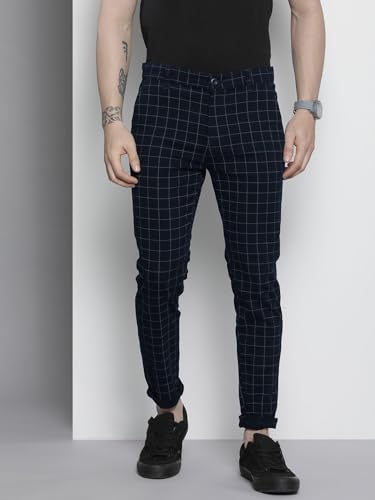 Image of The Indian Garage Co Men Slim Fit Checked Mid-Rise Stretchable Chinos
