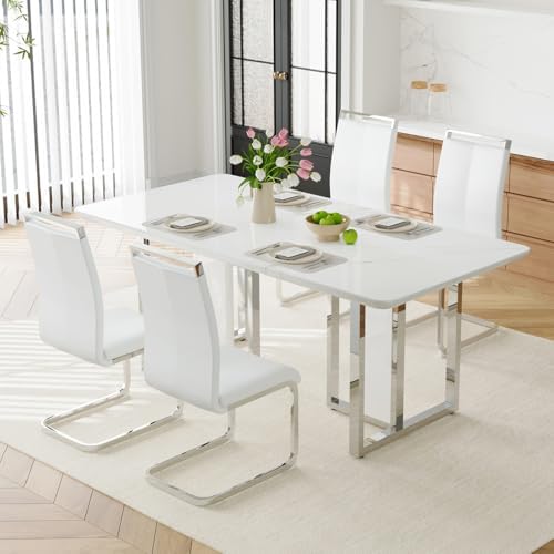 63" Dining Table Set for 4,White Modern Kitchen Table Set for 4, ...