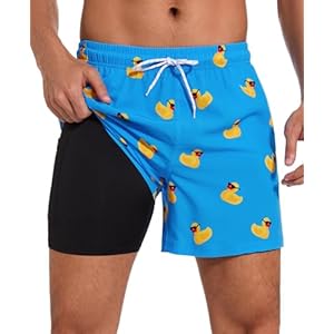 Mens Swim Trunks 5.5 inch with Compression Liner Zipper Pockets,Quick Dry Swimsuit Trunks Funny Beach Board Shorts