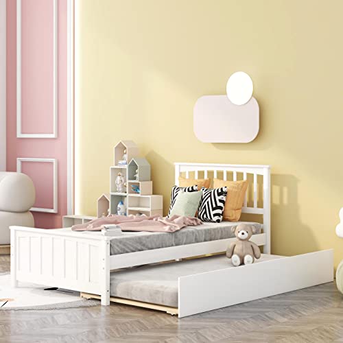 MERITLINE Kids Twin Bed with Trundle, Platform Bed Trundle Twin Bed with Headboard and Footboard for Girls Boys, No Need Box Spring, White