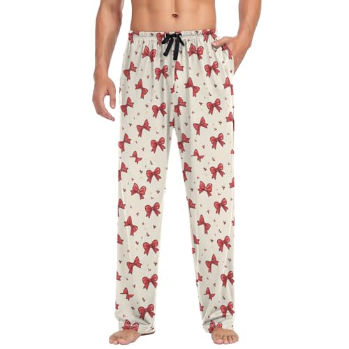 Men’s Red Bows Pajama Pants with Pockets, Comfortable Lounge Sleep Bottoms#6313