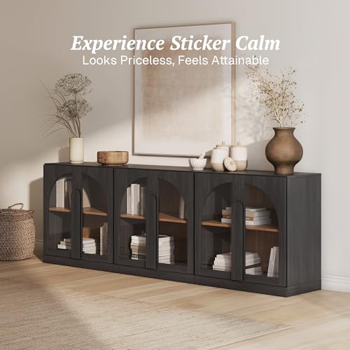 Image of BELLEZE Bijou Set of 3 Modular Sideboard Cabinets (94.5 inch Extra Long) - 6-Door Media Console - Modern Arched Glass Buffet Credenza for Large Kitchen & Living Area- Ebony