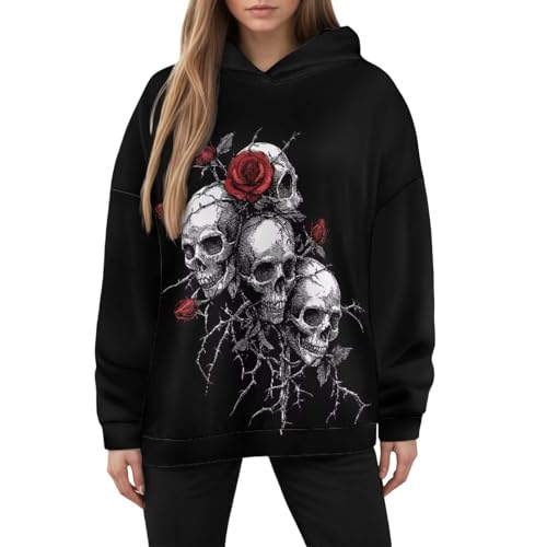 Generic Women's Hoodie with Skull and Rose Print - Gothic Style Hooded Sweatshirt with Skulls and Thorns | Dark and Romantic Sweatshirt for Women, XXL
