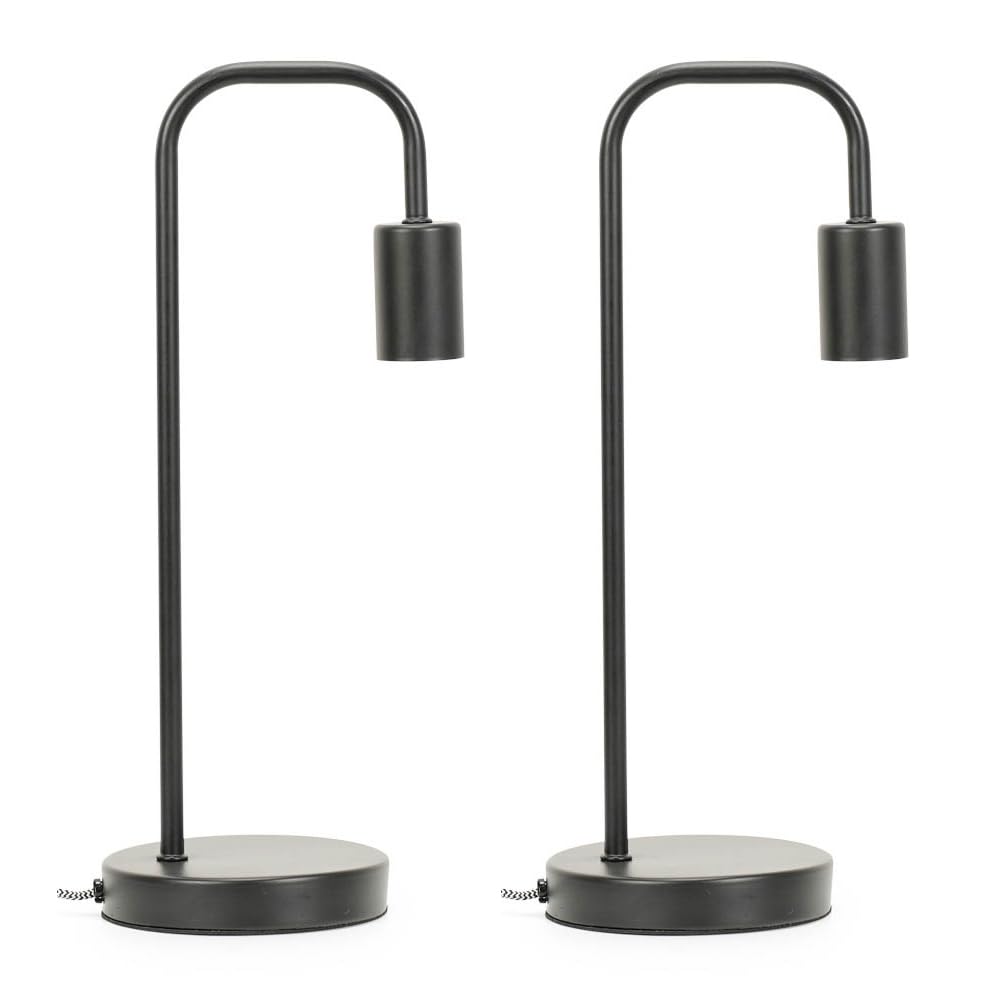 B&Q -  Bronx Pair Of Industrial Style Black Metal Curved Stem Bedside Table Lamps Living Room Bedroom Light