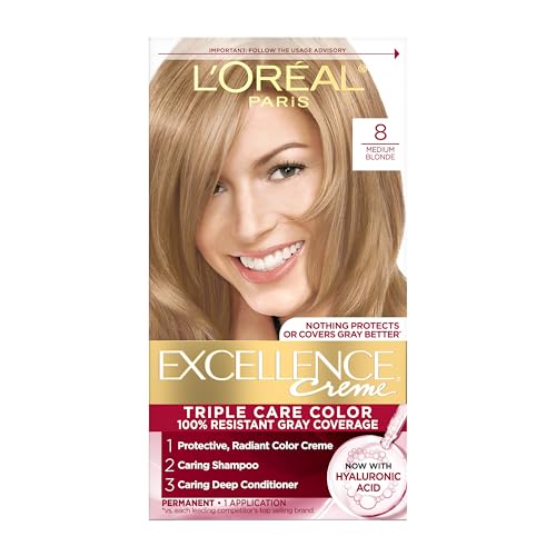 L'Oreal Paris Excellence Crème Permanent Hair Dye, Triple Care Hair Color with Hyaluronic Acid for 100% Gray Coverage, 8 Medium Blonde, 1 Kit (Packaging May Vary)