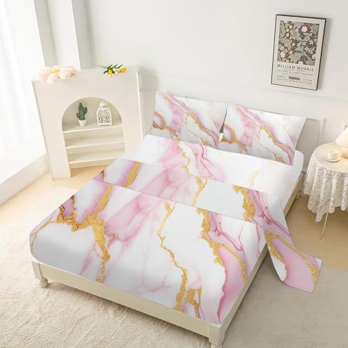 Edgzko PINK MARBLE SHEET-QUEEN Sheet Set Pink Marble: Queen Size Pink Abstract Bed Sheets For Teen Girls Kids Women Deep Pocket Gold Glitter Marbling 4Pc Bedding Sets 1 Fitted Sheet & 1 Flat Sheet & 2 Pillowcases thumb #6
