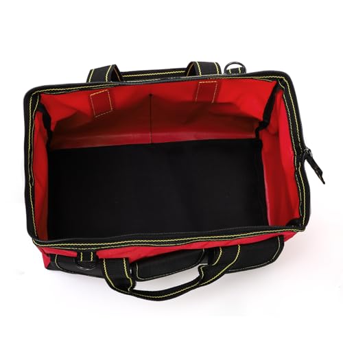 Hiceeden 16 Inch Wide Mouth Tool Bag, Collapsible Tool Tote with Waterproof Coating and Adjustable Strap, Portable Electrician Tool Organizer Handbag with 5 Outside Pockets, Red - Thumbnail 6