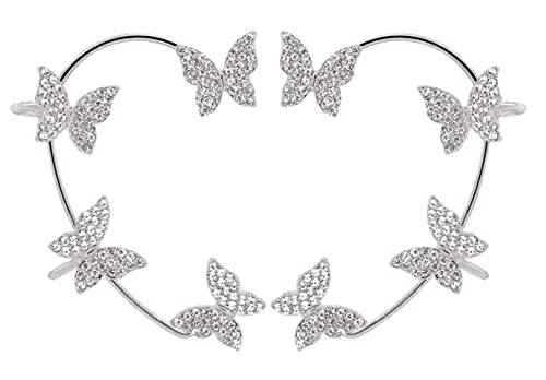 Zircon Butterfly Ear Cuff Earrings For Women No Piercing Butterfly Ear Clip Wrap Around Fake Earrings Ear Wrap Crawler Rhinestone Wrap Earrings For Girls #TOP23