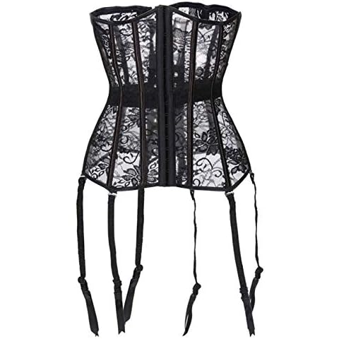 PAUSUNA Women Black Lace up Floral Erotic Suspenders Waist Trainer Underbust Mesh Cincher Corset Shapewear (Floral Lace Black, S) Cover
