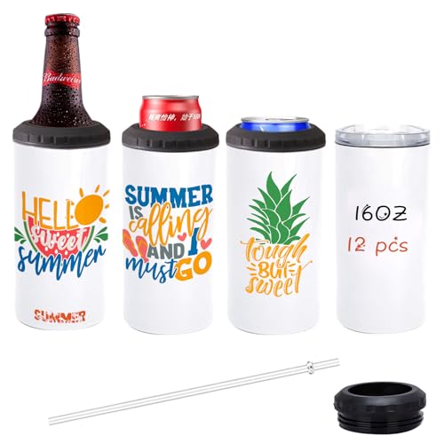 Lilsofee 12 Pack 16 oz Sublimation Blank Tumblers 4 in 1 Can Cooler