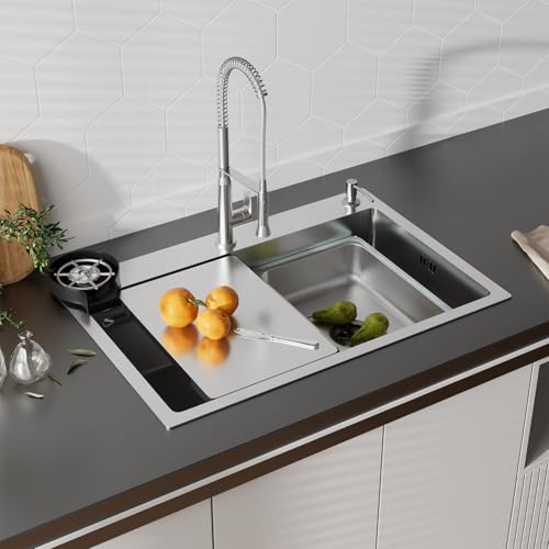 Évier Multifonction 70x45x22cm - Lavabo Cuisine avec Lave Verre, Distributeur de Savon, Panier de Rangement et Planche à Découper | Évier Inox Anti-Rayures avec...