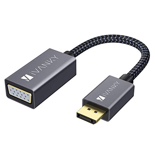 iVANKY DisplayPort (DP) to VGA (Female) Adapter [Heavy Duty, Nylon Braided, Gold-Plated] 1080P Full HD (0.6 ft/0.2 m) - Gray & Black