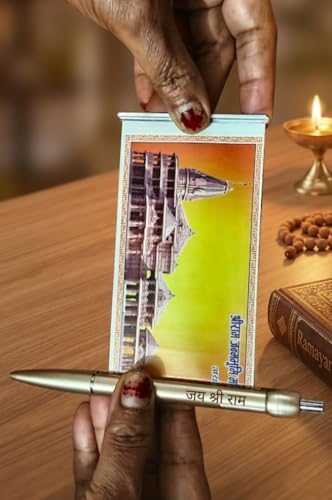 Image of Premium Gold-Toned Jai Shree Ram Engraved Metallic Ballpoint Pen with Pull-Out Rama Lalla Scroll - Exclusive Spiritual Gift & Devotional Stationery