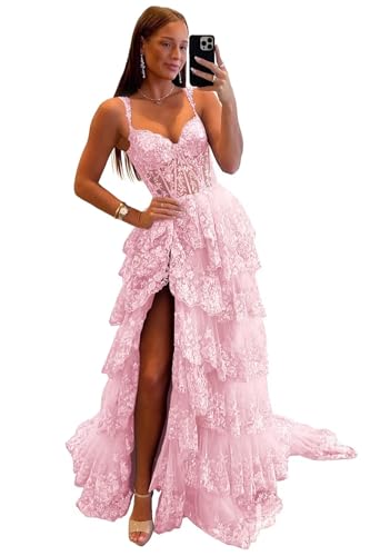 Wchecalino Women's Off Shoulder Tulle Prom Dresses with Slit Sparkly Corset Sweetheart Formal...