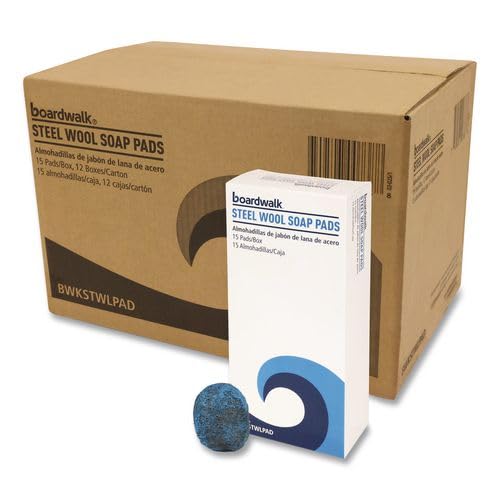 Boardwalk Steel Wool Soap Pads, 180 Count, 3"x2.5", Blue, Commercial Infused Scrubbers, Heavy-Duty Cleaning, Dissolves Stubborn Grease