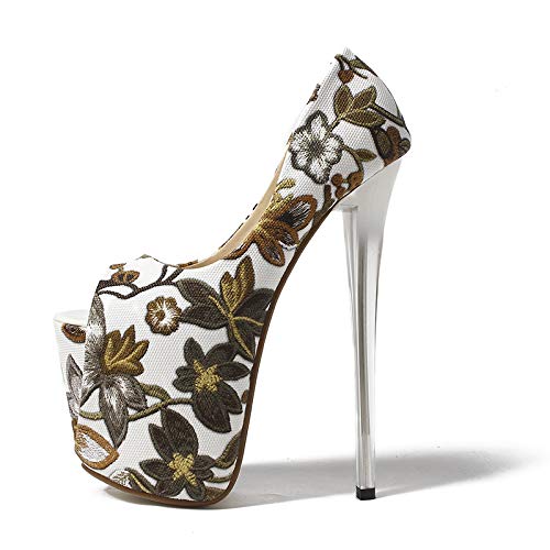 QZX Shoes Escarpins Femme Plateforme Talon Haut 19 CM Escarpins Peep Toe 9 CM Plateforme Talon Chaussures Open Toe Fleur de Broderie Chaussures de Soirée,Brown,EU35/UK3 Cover