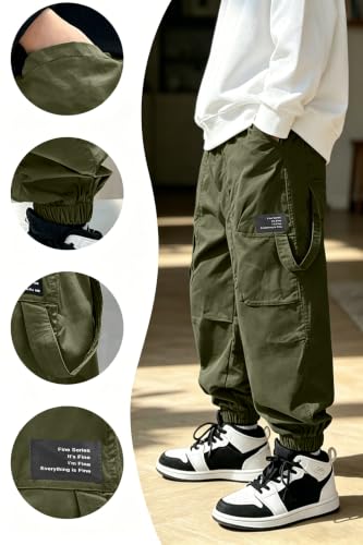 Pantalones cargo casuales verdes para niños de 5 a 14 años de estilo militar 5