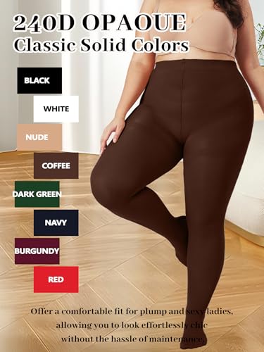 Image of Plus Size Opaque Tights for Women 240D Soft Solid Color Footed High Waist Control Top Pantyhose