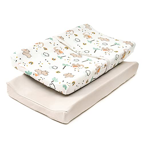 Image of TILLYOU Changing Pad Cover Set in Soft Jersey Material - Fits 32"/34''x16 Contoured Pad for Babies, Happy Forest & Nude
