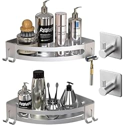 Estanteria Ducha Lidl EveryKip® Estanteria de Ducha Esquinero sin Taladro Estante de Baño de Metal con 4 Ganchos de Ducha Antioxidante Portaobjetos de Baño de Pared 2 Piezas (Plata)