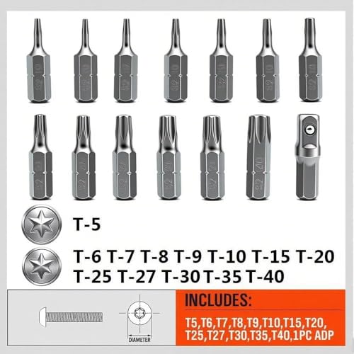 14-Piece Tamper Resistant Star Bit Set, T5 T6 T7 T8 T9 T10 T15 T20 T25 T27 T30 T35 T40 Security Torx, 1/4" Hex Shank, Quick Release, for Automotive, Electronics, Appliances