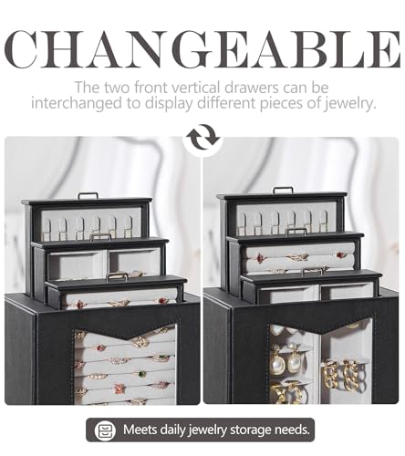 Homde Jewelry Organizer with Transparent Window Necklace Hooks Gift for Women Jewelry Box Display Case for Necklaces Rings Earrings Bracelets and Other Accessories (Black) - Thumbnail 5