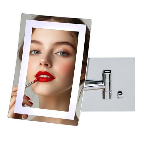 Image of OVENTE 7 inch Wall Mounted Lighted Makeup Mirror, Polished Chrome MSWA6387CH7X | Rectangular Bathroom Mirror with 7X Magnification, Dimmable White LED Lights, Extendable Folding Arm, AC Adapter Operated