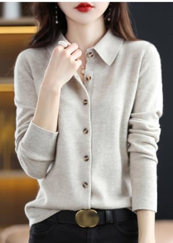 Cardigan Sweaters for Women 100% Wool Polo Neck Open Front Long Sleeve Button4