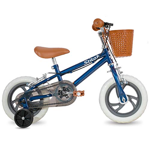 STITCH Bicicleta de niños de 12 pulgadas para niñas y niños con ruedas de entrenamiento y flotador y cestas, azul
