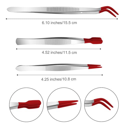 WLLHYF 3 Pieces Tweezers with Rubber Tips Set including Red Silicone Coated Flat Bent Pointed Tip Tweezer for Crafting Jewelry Eyelash Tool Applicator Industrial Sticker Long Tweezers - Image 2