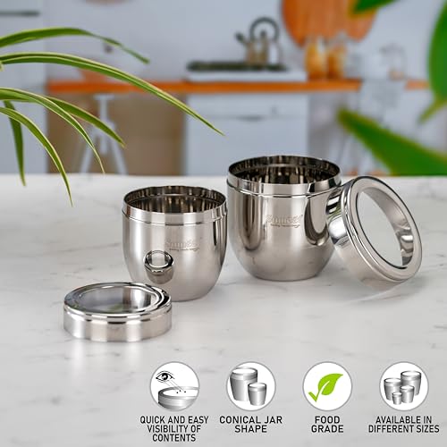 Image of Sumeet Stainless Steel Conical Shape Canisters /Dabba /Storage Containers for Kitchen with See Through Lid, Set of 2 Pcs, (400ml-8.5cm Dia-1Pc & 500ml-9cm Dia-1Pc), Silver