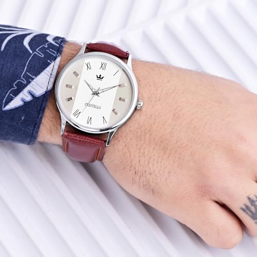Image of CRESTELLO Faux Leather Strap Analog Wrist Watch for Men (Black /Blue /Green /Brown /Silver Dial) | CR-WT044